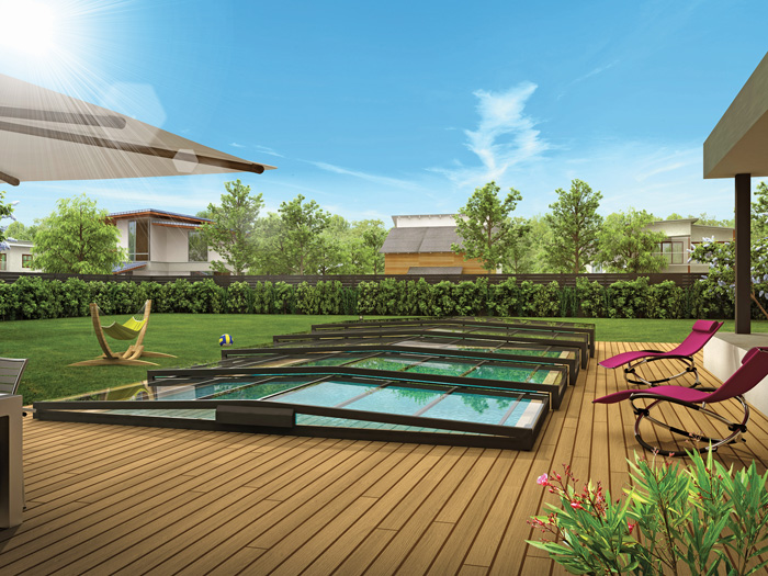 Abri de piscine Elliptik semi-plat en aluminium avec motorisation solaire intégrée en standard proposé par ABRI DE PISCINE RIDEAUX.